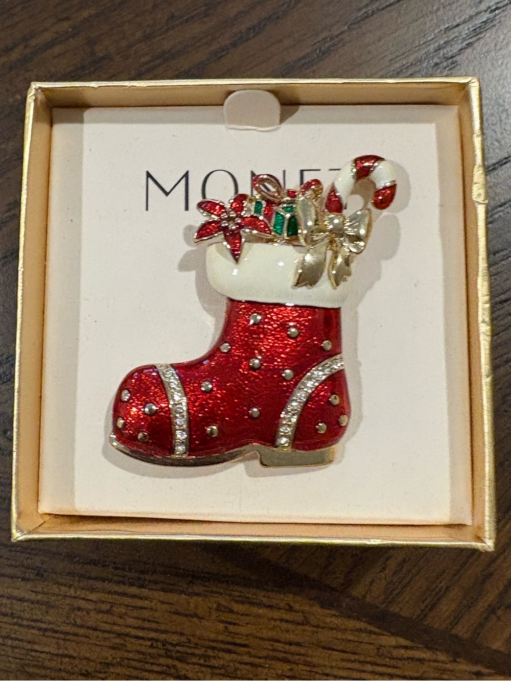 Monet Red Holiday Stocking Brooch
